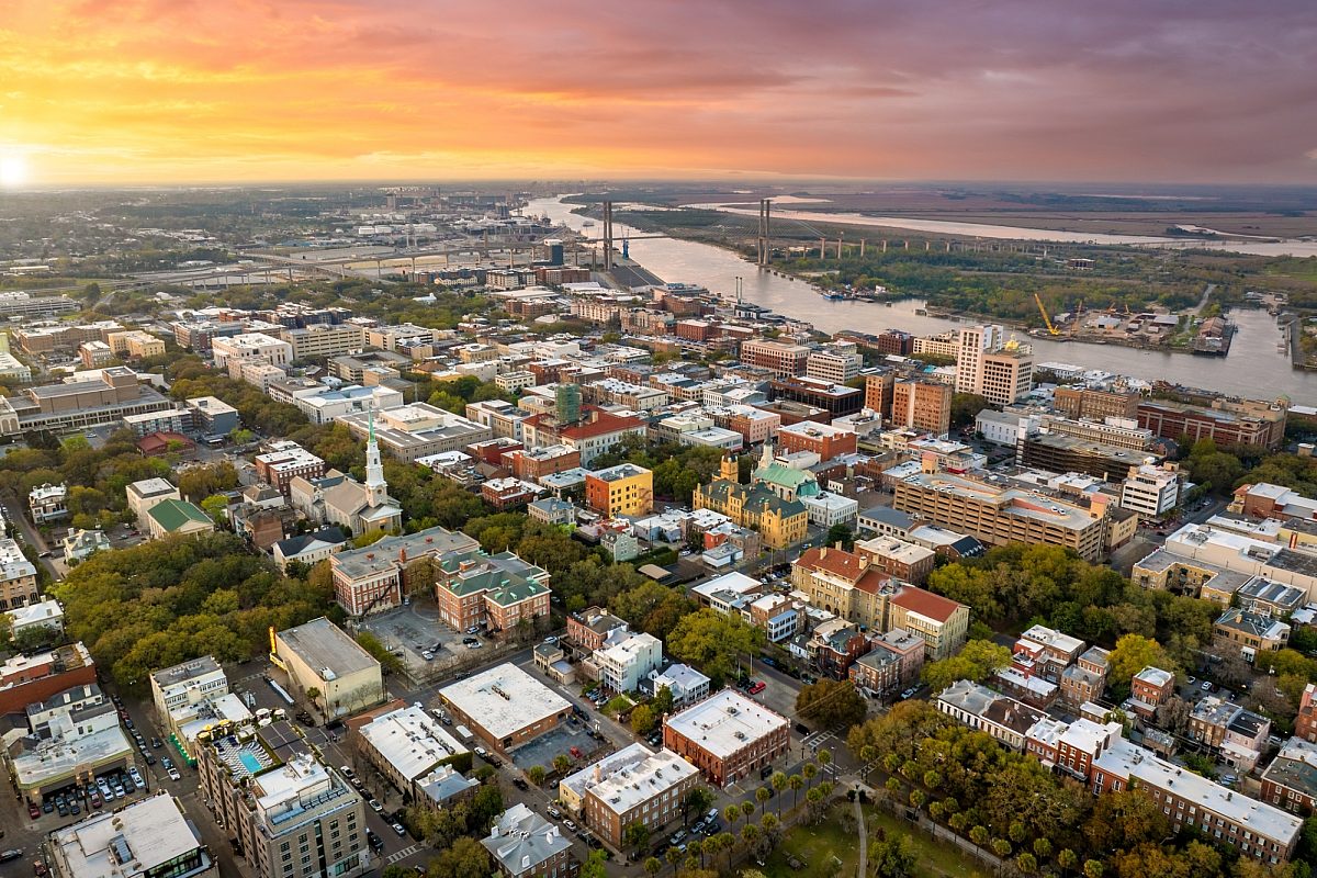 Savannah georgia cityscape at sunset